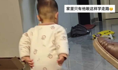 萌娃学走路，小小年纪“老态龙钟”！网友：不是“天道酬勤”就是“花开富贵”带大的