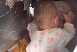 小宝宝用石头磨牙被妈妈发现，抱着石头啃得“噌噌”响。网友：边上那个缸也是他雕的吗？