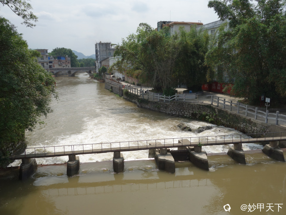 图中，河下游不远处有一座公路桥。